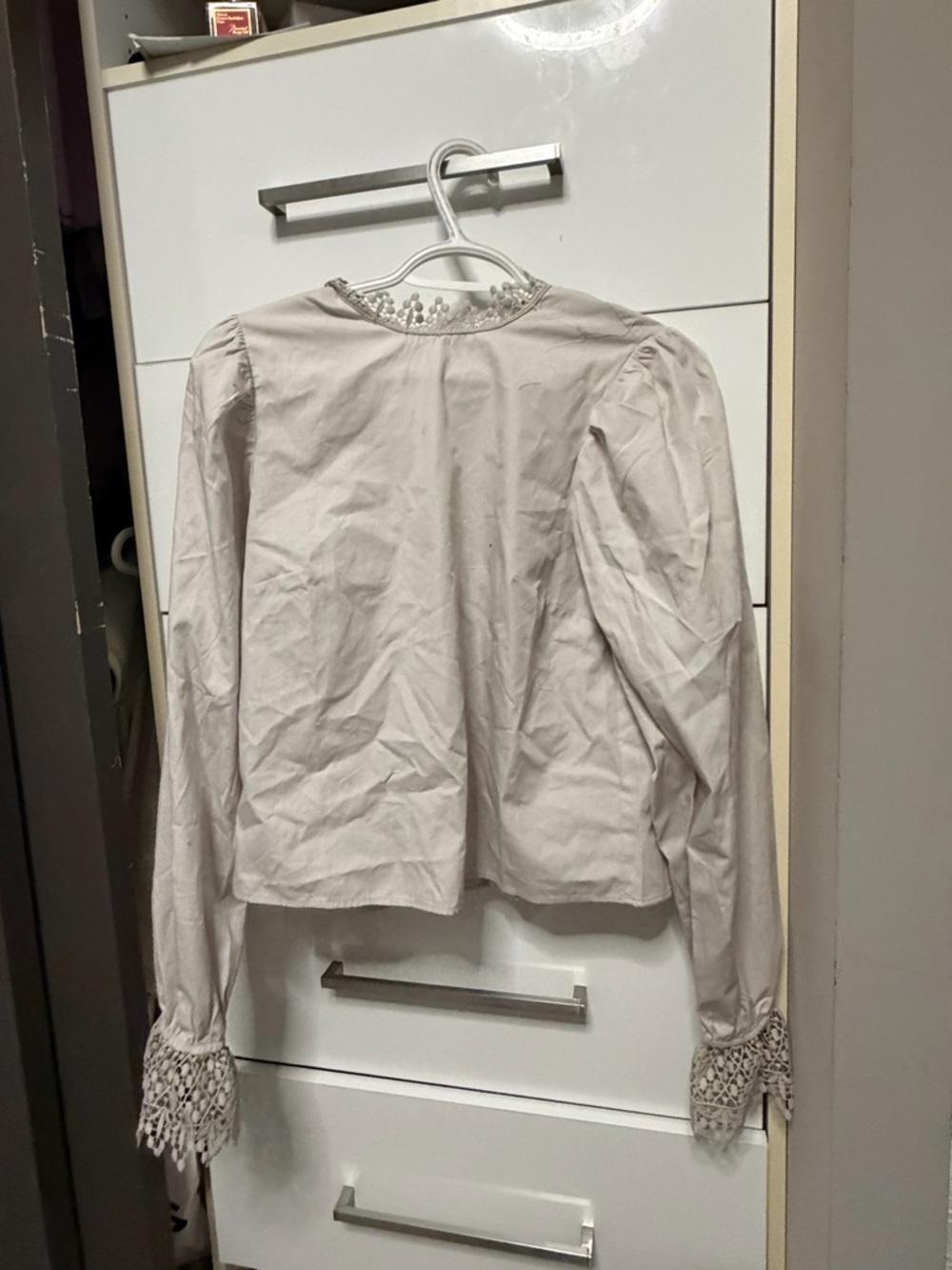 Lace Cuff Long Sleeve Blouse  with tie back in Light gray